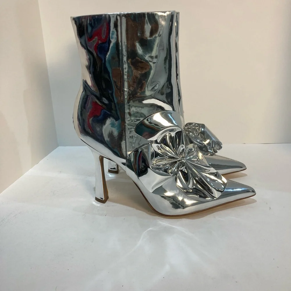 SAM EDELMAN NEW ESMAE STILETTOS With Metallic BowSilver High Heel Ankle Boots 10 - Picture 2 of 6